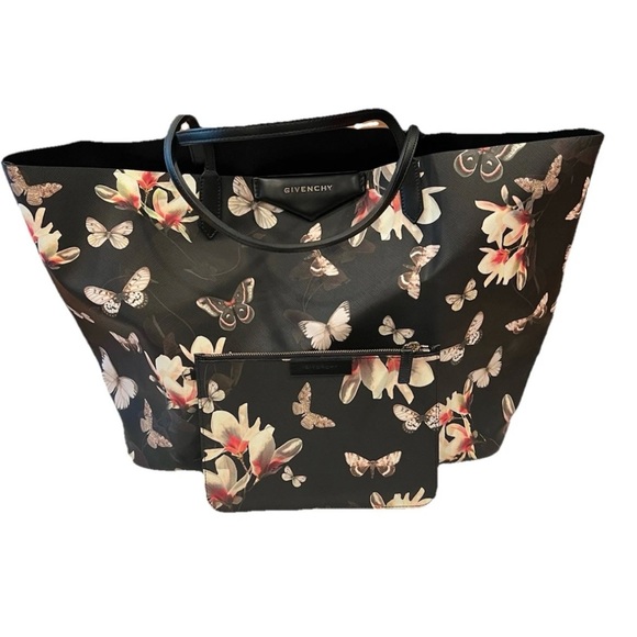 NEW GIVENCHY MEDIUM ANTIGONA FLORAL BUTTERFLY TOTE BLACK LEATHER/CANVAS